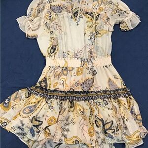 Misa Los Angeles Cream and Gold Ruffled Off-the-Shoulder Sundress